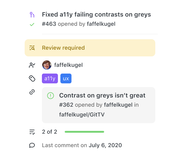 A card displaying a Pull Request from Github.
